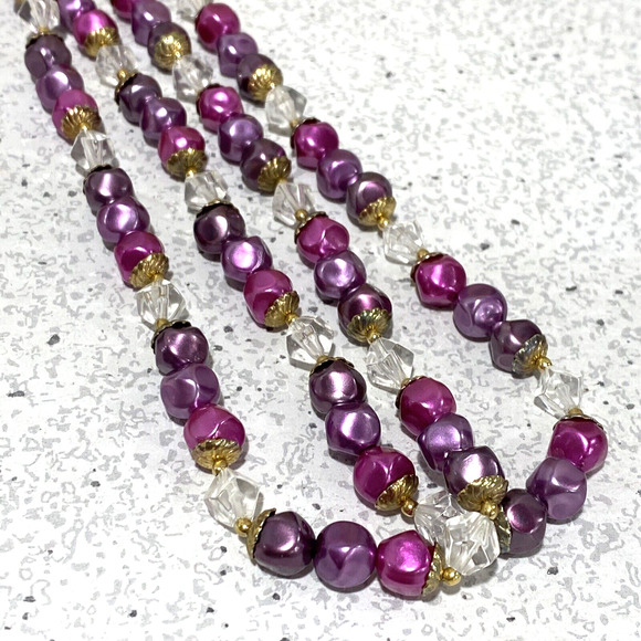 Double strand beaded necklace purples & pink clear faceted beads retro romantic - Picture 4 of 4